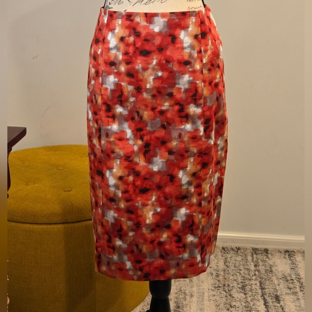 Ann Taylor Red Orange Pink and White Patterned Pencil Skirt